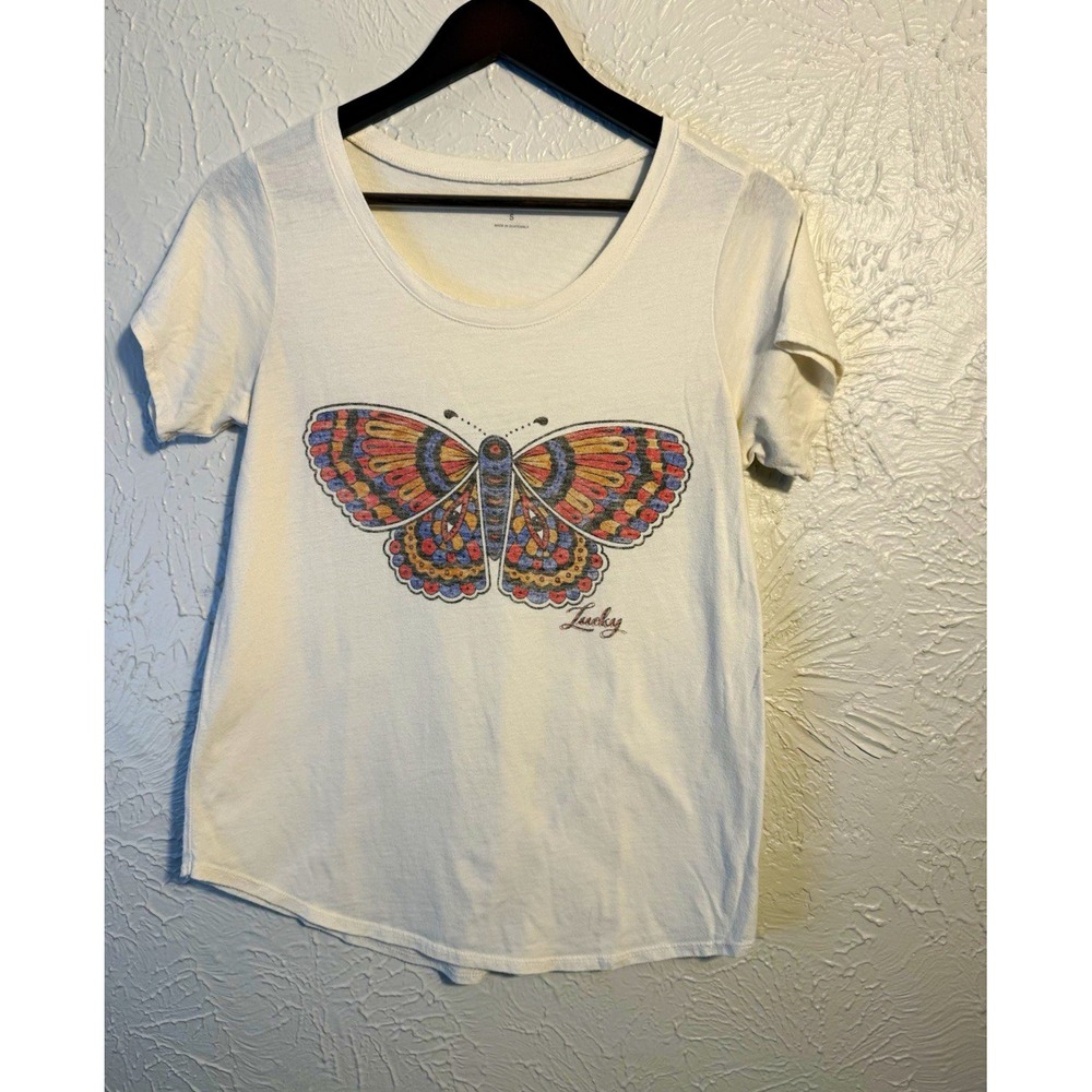Lucky Brand Women's S White Butterfly Graphic Print Knit Scoop Neck T-Shirt Boho